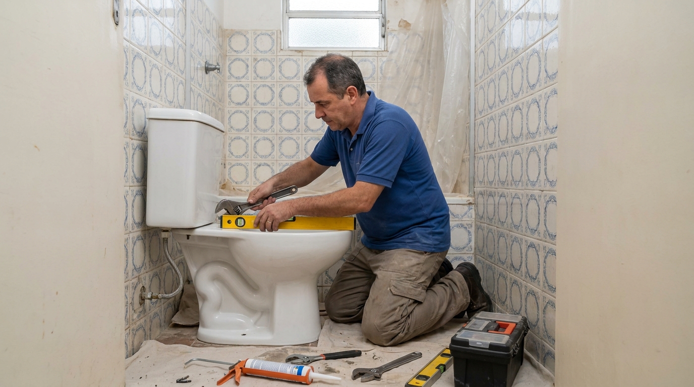 Técnico instalando vaso sanitário em João Pessoa‑PB